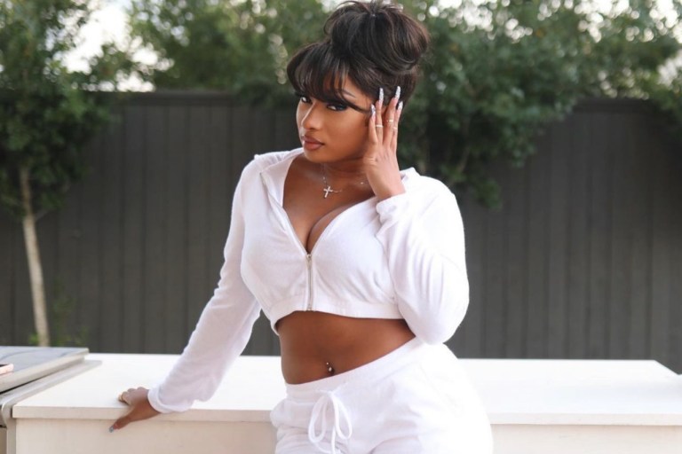 Megan Thee Stallion Spotted in Fashion Nova White Jogger Set
