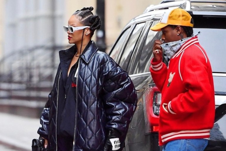 Rihanna and A$AP Rocky Spend the Day Shopping Together in NYC: Rihanna Wears Miu Miu Quilted Patent Jacket With Martine Rose Black Tracksuit and Balenciaga Black Ankle Boots + A$AP Rocky Wears Gucci Red Bomber Jacket, Carhartt Jeans, Unreleased Prada x adidas White Forum Low Sneakers