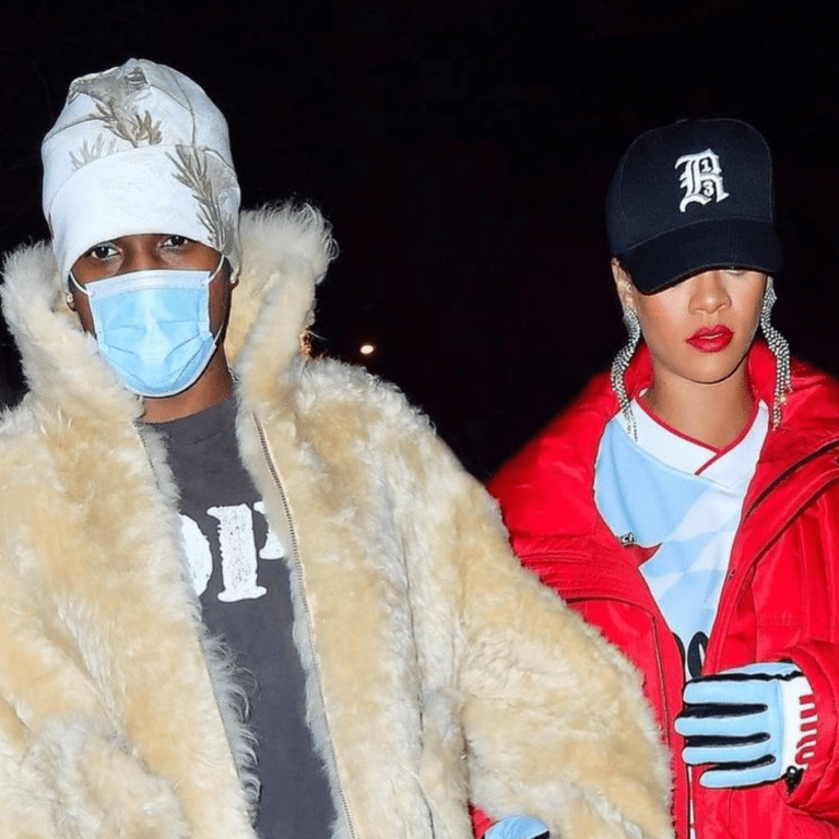 ASAP Rocky and Rihanna Hit the New York Streets, with Rihanna Wearing Red Coat and Miu Miu Logo Leather Gloves