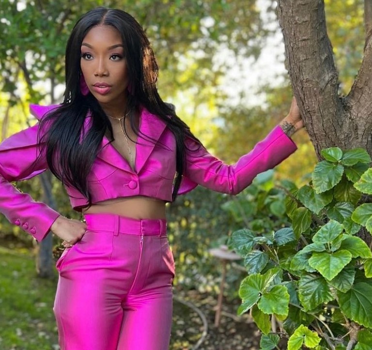 Wardrobe Inquiry: Brandy Is Pretty in Pink Wearing Aliétte Fall 2021 Suit and Louboutin Embellished Heels