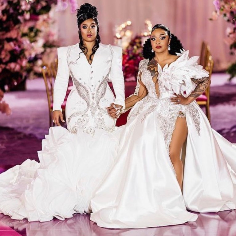 Da Brat and Jessica Dupart Get Married in Atlanta Wearing Glamorous Custom White Wedding Gowns By Ese Azenabor