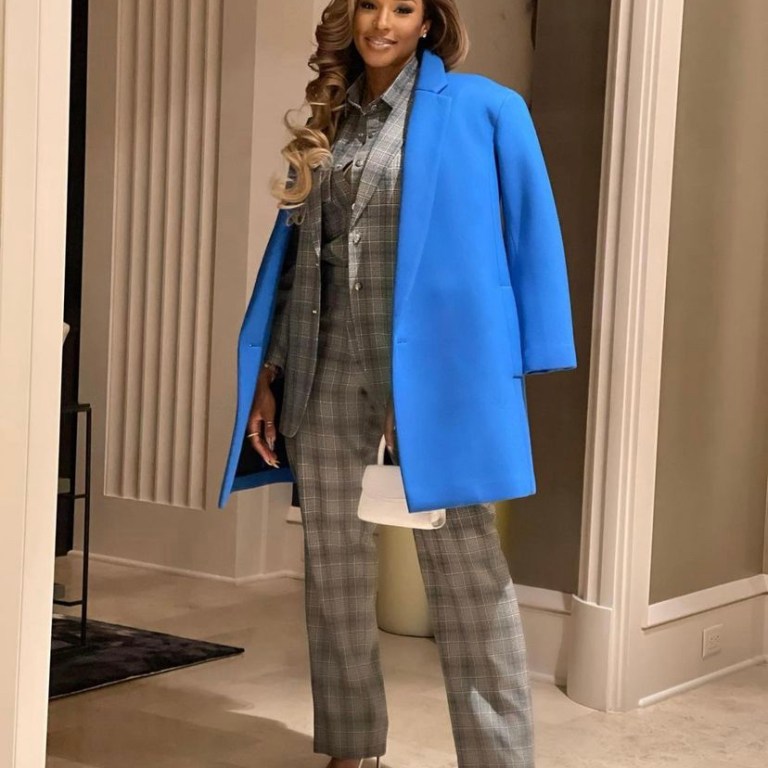 Savannah James Heads to All Star Weekend  Wearing a Gray Thebe Magugu Plaid Suit and Powder Blue Tibi Over Coat