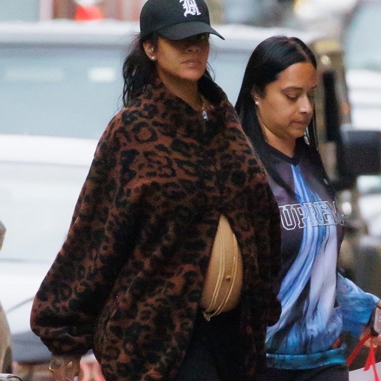 #RihMaternity: Rihanna Shows off Baby Bump in Vetements Leopard Fleece Jacket, Awake Sweatpants, and YSL Mink and Leather Mule Sandals