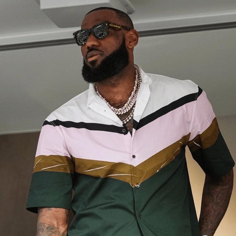 Lebron James Most Requested Superbowl Green Color Block Stripe Chevron Button Shirt Look +  Savannah James’s Margiela Punched Hole Denim Jacket and Jeans Look