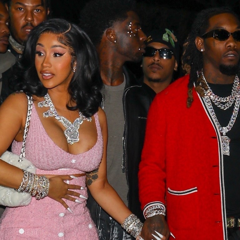 Cardi B Attends Drake Superbowl Party with Offset Wearing Pink Chanel Crop Top and Skirt