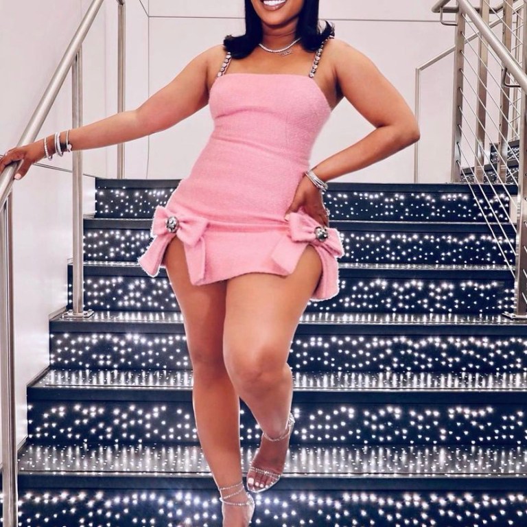 Trina Poses for Instagram in a $980 Blush Pink Bow Slit AREA Mini Dress