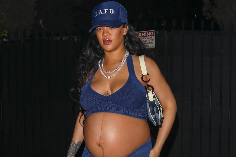 Rihanna Dines at Nobu in Alaia Blue Denim Knit Halter Top, Pants, and Vintage Dior Bag