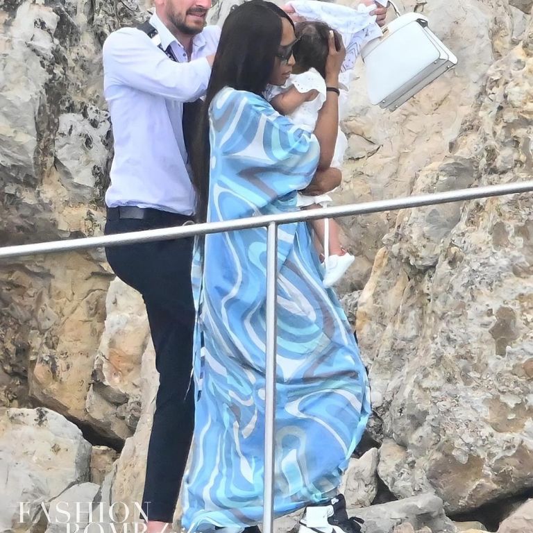 Naomi Campbell Celebrated Her 52nd Birthday with Baby Daughter in Antibes, France wearing Emilio Pucci
