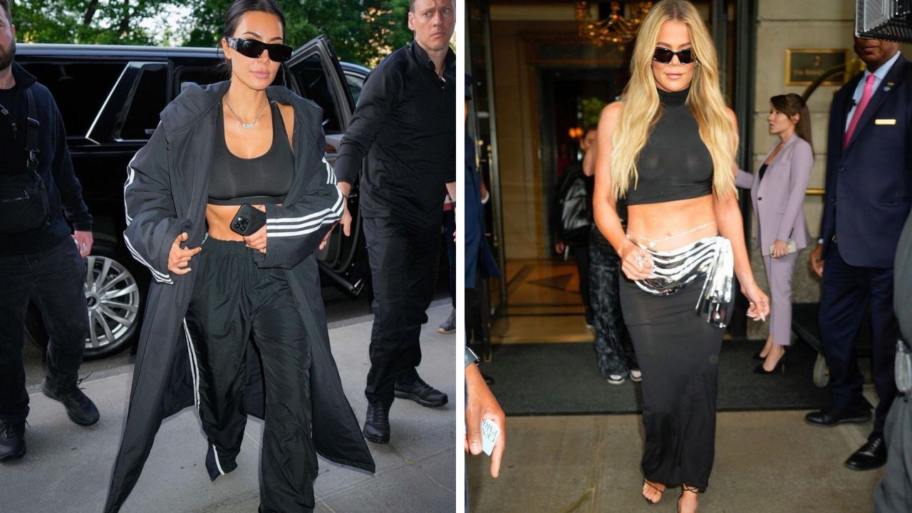 Kim Kardashian Sports a Black and White Balenciaga X Adidas tracksuit while Khloe Kardashian wore Laquan Smith in New York Fashion Bomb Daily