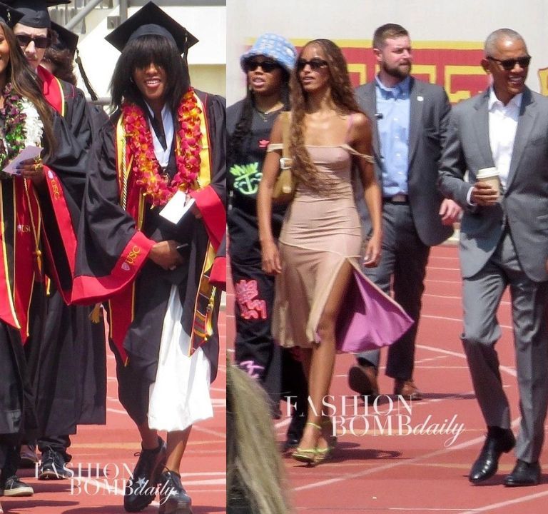 The Obama Family Made a Sartorial Entrance at Sasha Obama’s USC Graduation With Michelle Obama in a Blue Ruffle Dries Van Noten Dress