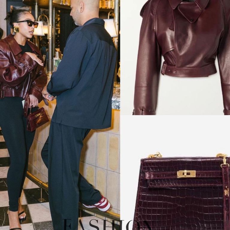 Lori Harvey Wore a Saint Laurent Lambskin Cropped Moto Jacket and a Burgundy Hermes Kelly 20 Bag While Out in LA