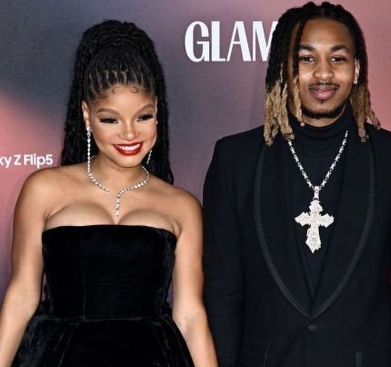 Fashion Bomb Couple: Halle Bailey Posed with her Beau DDG in a Black and White NICOLE + FELICIA Couture Dress to the Glamour Women of the Year Awards