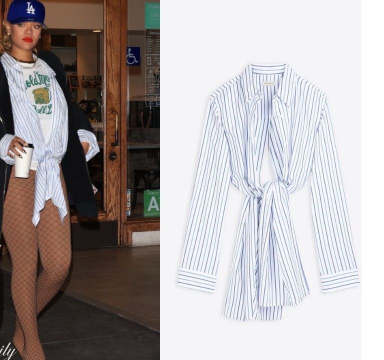 Rihanna Stepped Out to Dinner in a Black $650 R13 Hoodie, a $575 Striped Dries Van Noten Shirt, and Brown $4,050 Balenciaga Fishnet Pantaleggings