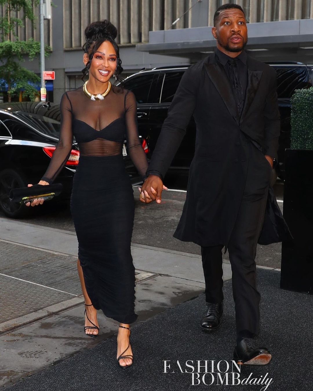 Meagan Good Wore a Black Nookie Dress with Florde Maria Shoe and Alexis Bittar Jewelry to the Frederick Douglass Annual Awards Dinner with Beau Jonathan Majors 1