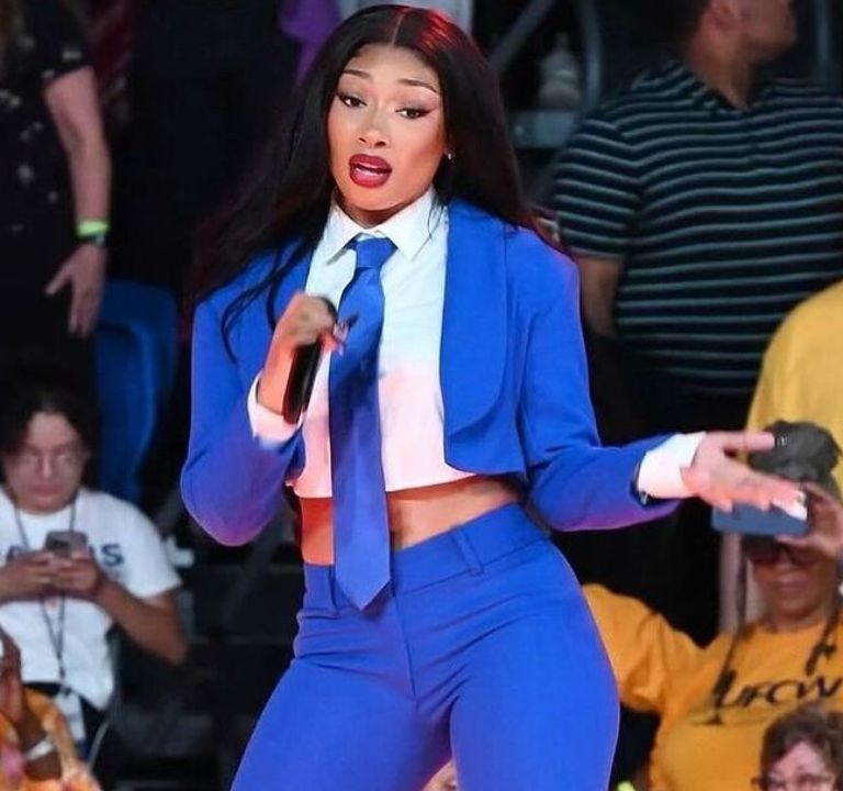 Megan Thee Stallion Performed at the Kamala Harris ATL Campaign Rally in a Custom Blue Abdul Sall Couture Suit and Tie