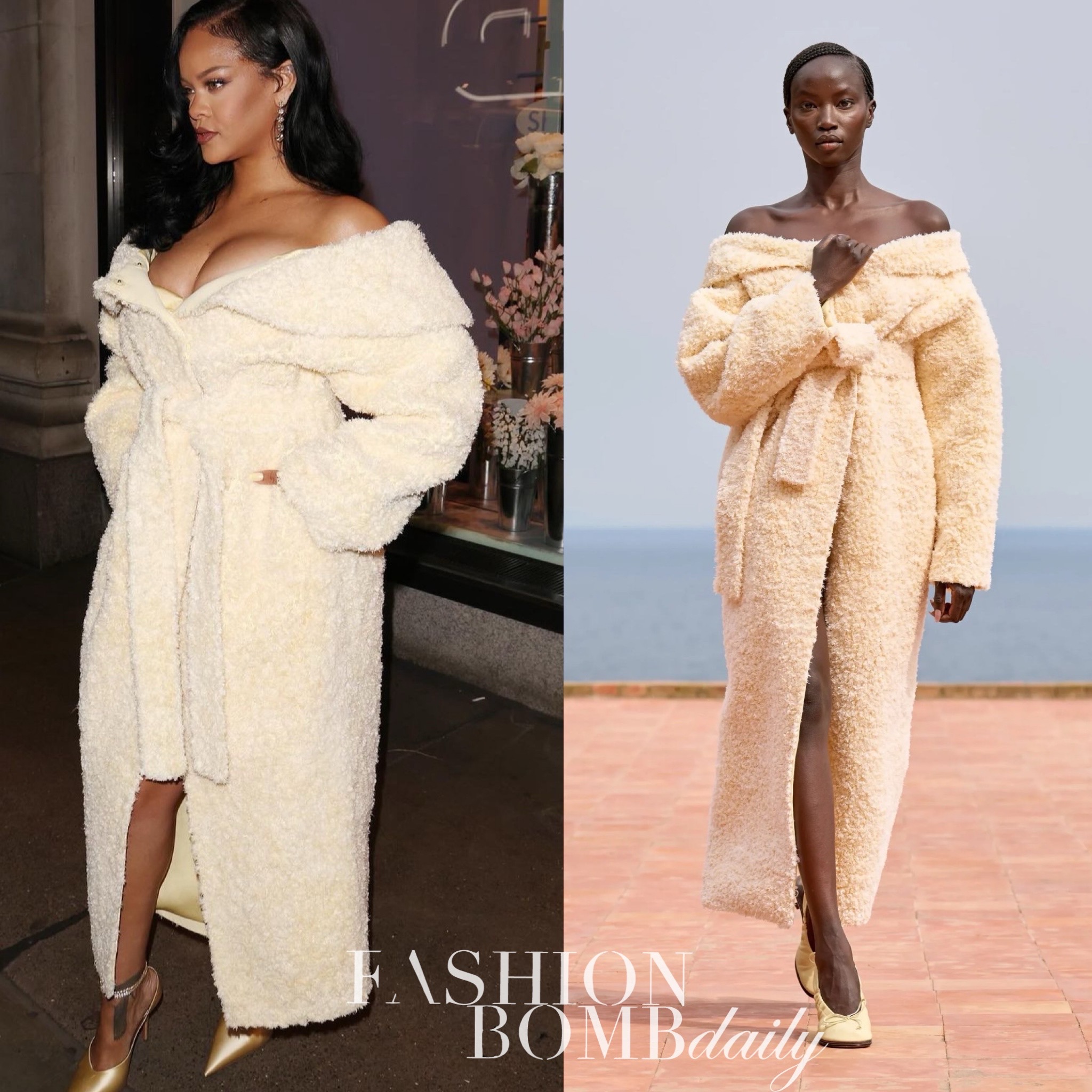 8 Rihanna Launches Fenty Hair in London in a Jacquemus Cream Coat John Galliano SS 06 Ruffle Dress and Gold Custom Amina Muaddi Heels