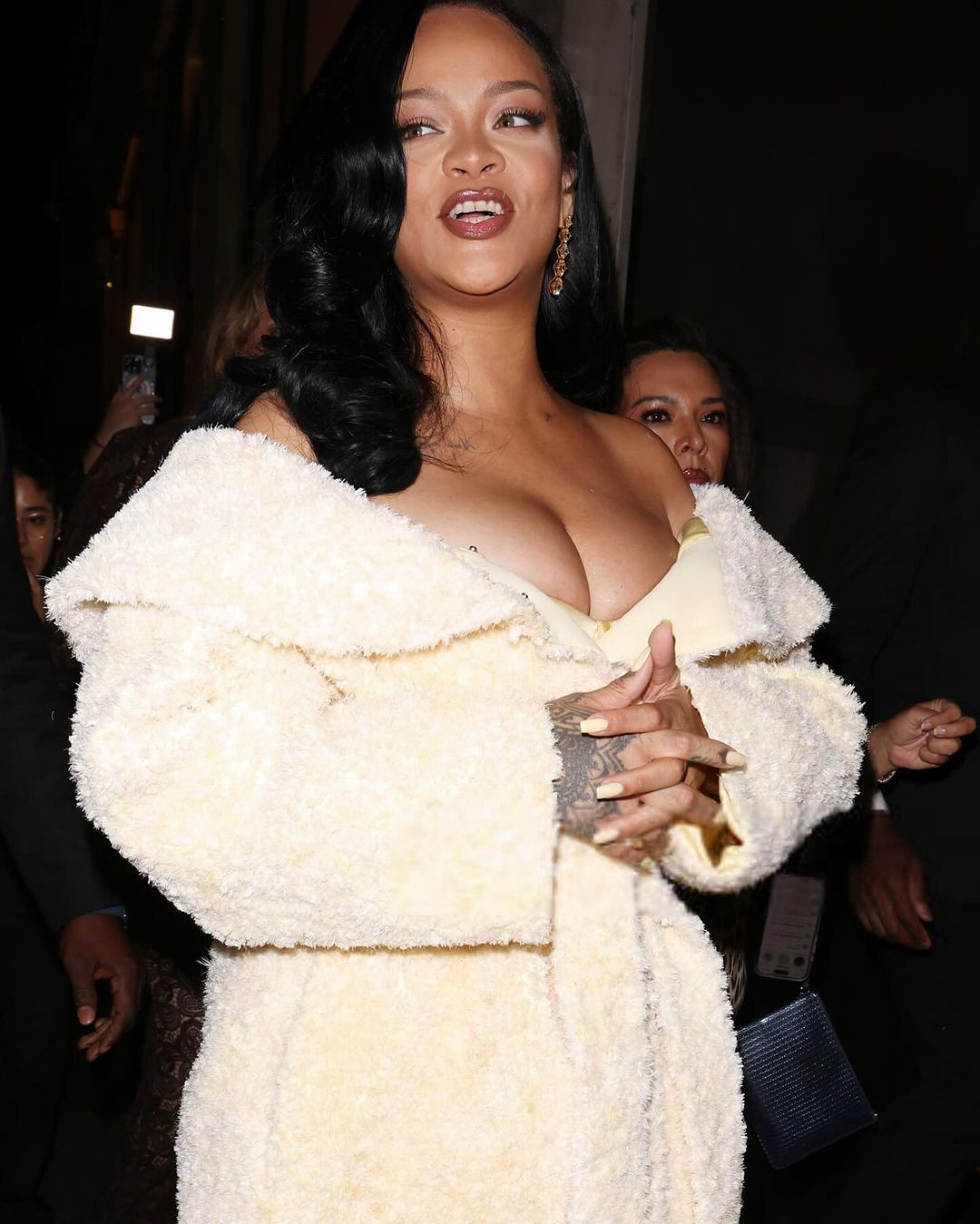 90Rihanna Launches Fenty Hair in London in a Jacquemus Cream Coat John Galliano SS 06 Ruffle Dress and Gold Custom Amina Muaddi Heels