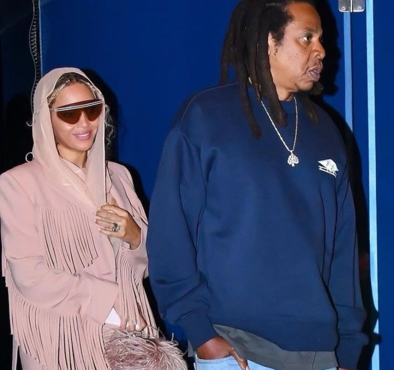 Beyoncé wore a Blush Pink Elie Saab Fringe Look Alongside Jay-Z in a Navy ‘4040 Club’ Sweatshirt with Louis Vuitton X Timberland Boots to a Private Event