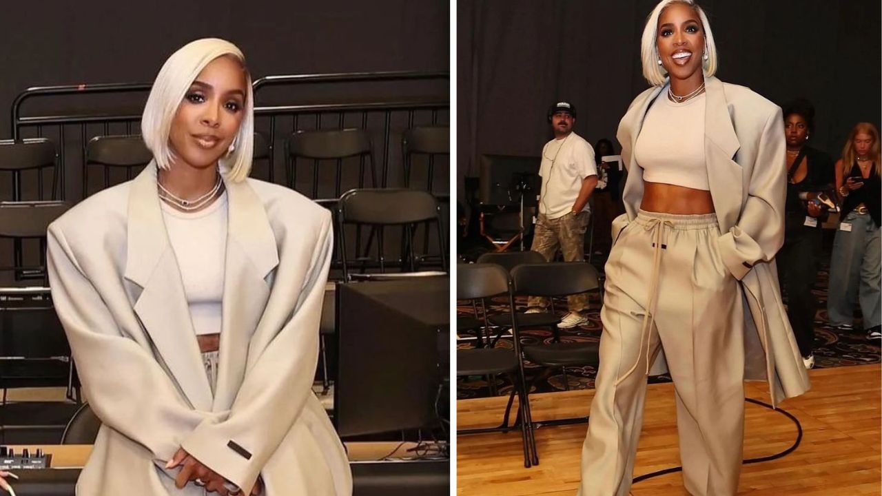 Kelly Rowland Slayed in A Nude Oversized Fear of God Suit at the Kia NBA Tip-Off 2024