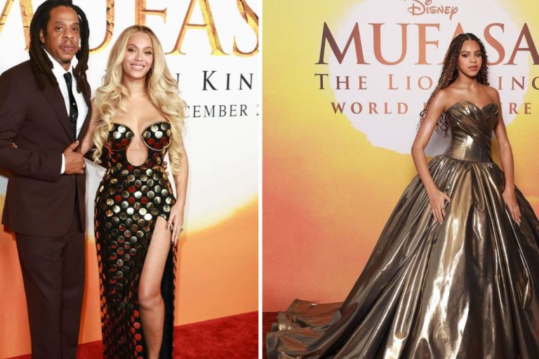 Beyonce Stuns In A Gold Studded Balmain X LionKing Dress Blue Ivy Exudes Glamour In A Gold Christian Siriano Gown And Jay Z Looks Dapper In Fendi At The Disney Mufasa Premiere Feat Image