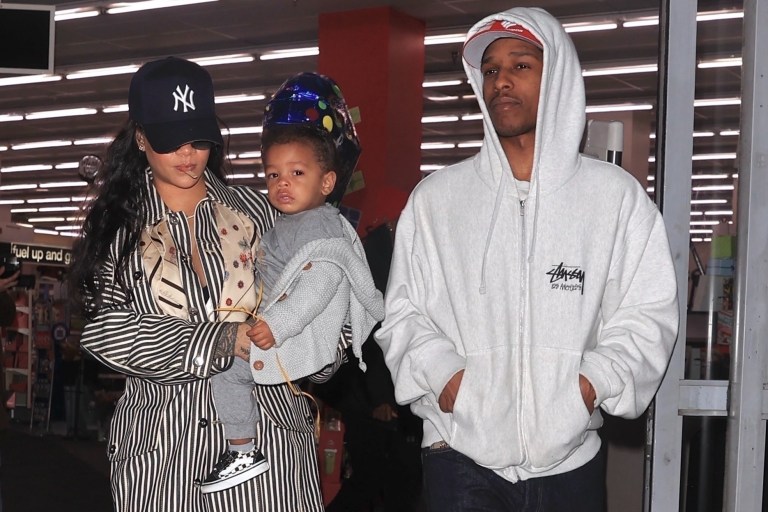 Rihanna and ASAP Rocky Shop at CVS with Son Riot Rose in Striped Bottega Veneta and Stussy