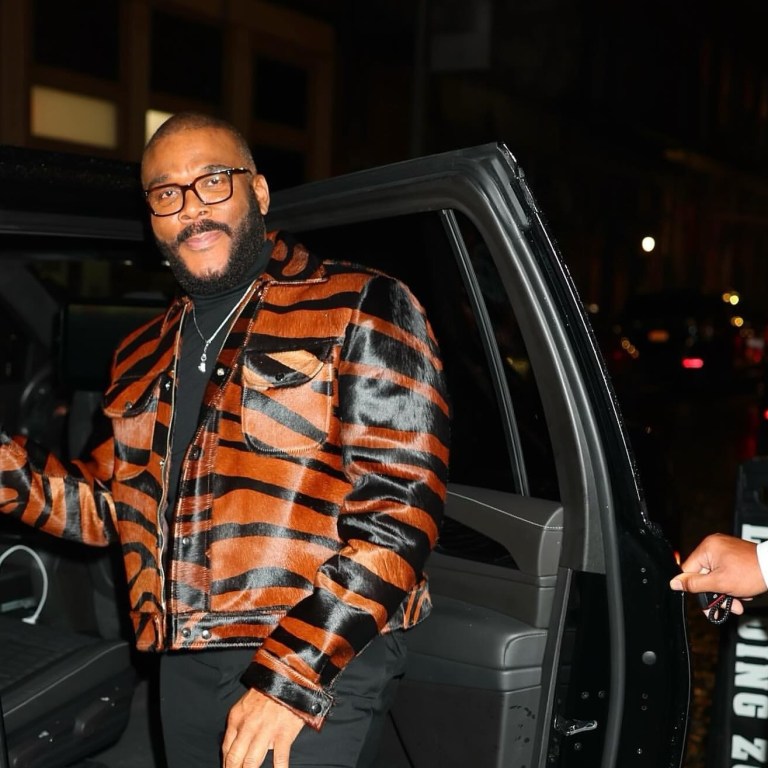 Tyler Perry Promotes Six Triple Eight in a House of Gray Custom Pony Hair Jacket