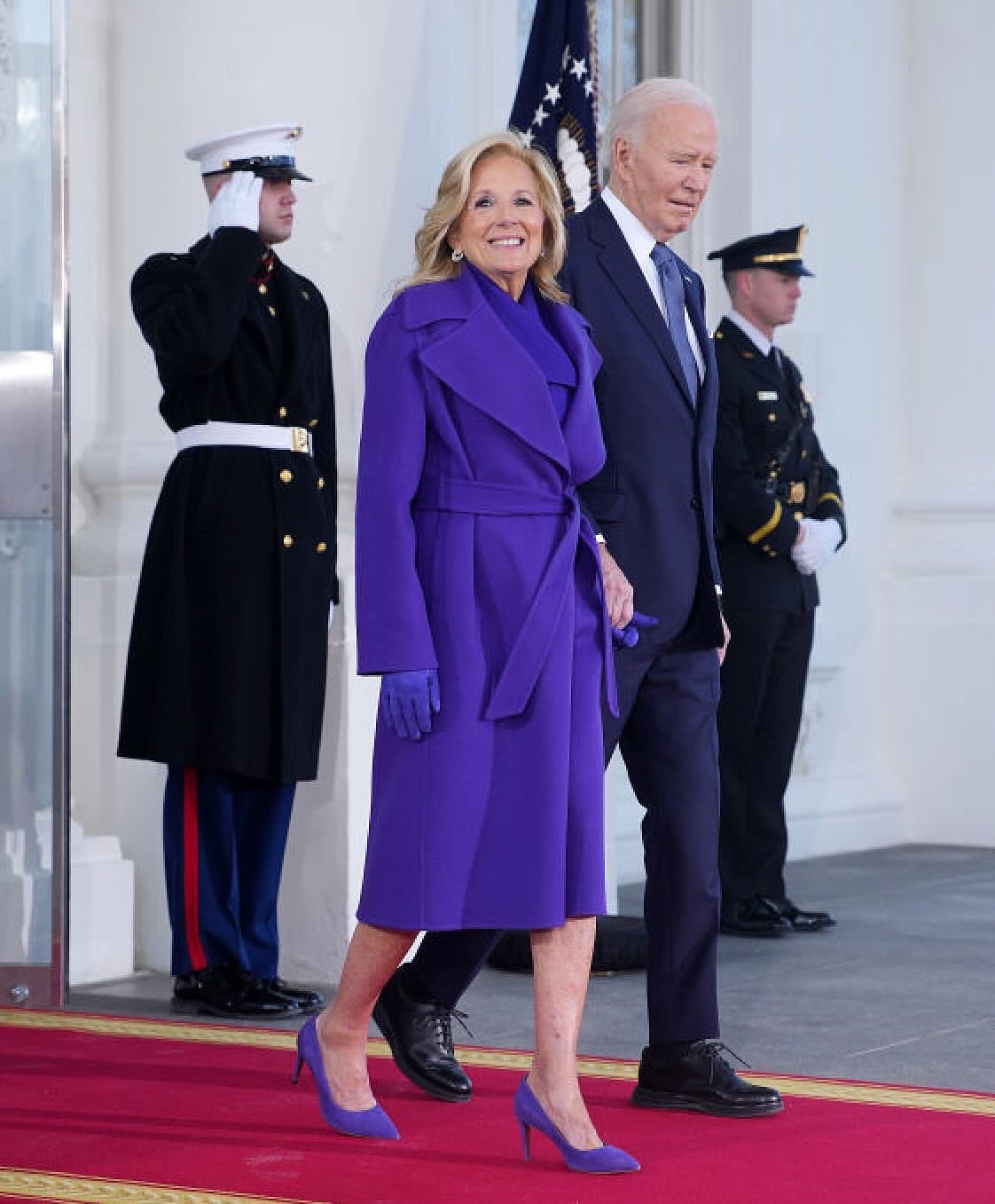 8989 Dr Jill Biden Waves Goodbye The White House In Purple Ralph Lauren Coat 