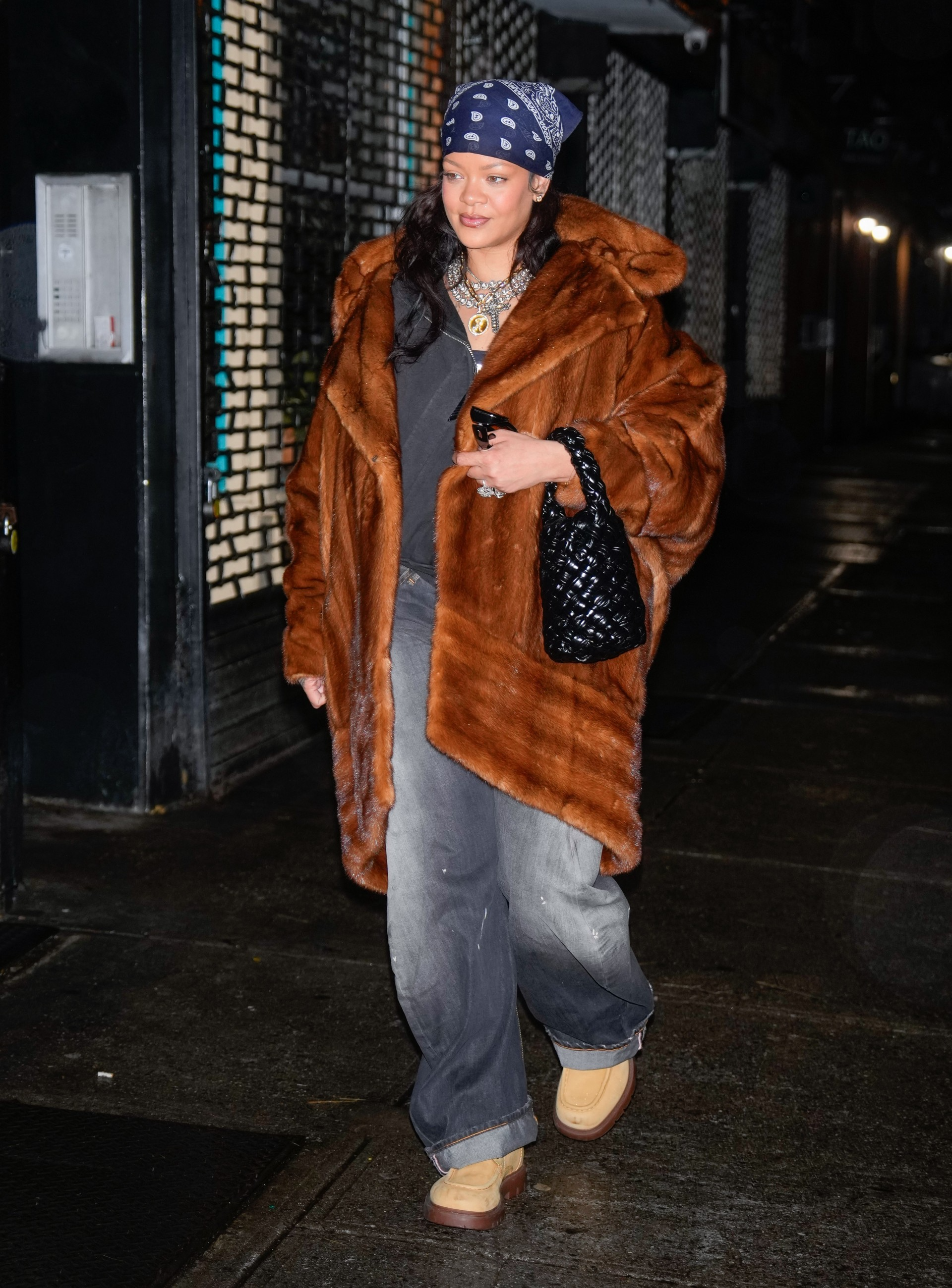 Rihanna Steps Out In New York City In Bottega Venetas Black Kalimero Bucket Bag