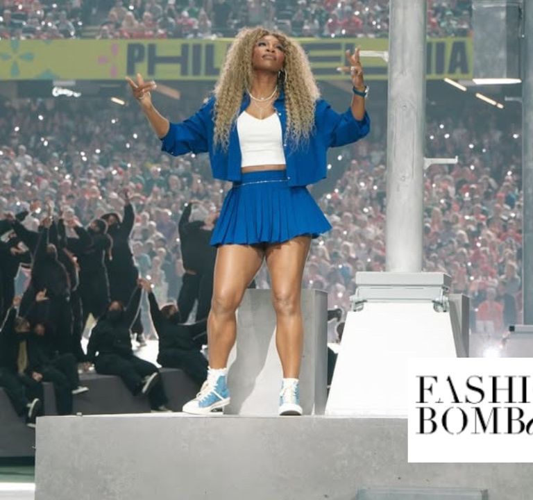 Serena Williams Crip Walks on Stage at the Super Bowl LIX in a Cobalt Blue Nike Crop Jacket and Mini Tennis Skirt