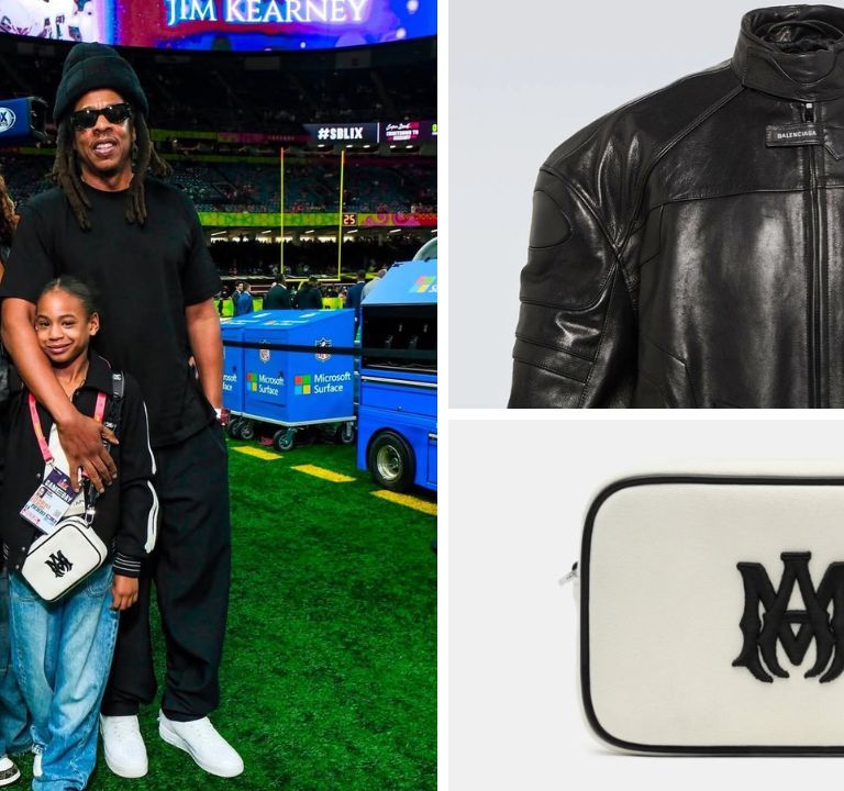 Jay-Z Attended the Superbowl in an All-Black Look with Blue Ivy in a Black Balenciaga Leather Jacket and Rumi Rocking an Off-White Amiri Crossbody