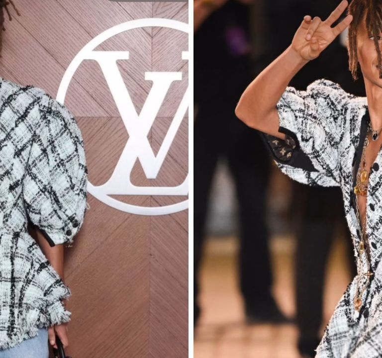 Jaden Smith Wore a Black and White Tweed Louis Vuitton SS25 Blazer with Light Blue Denim Jeans and a Petite Malle bag to Paris Fashion Week Show