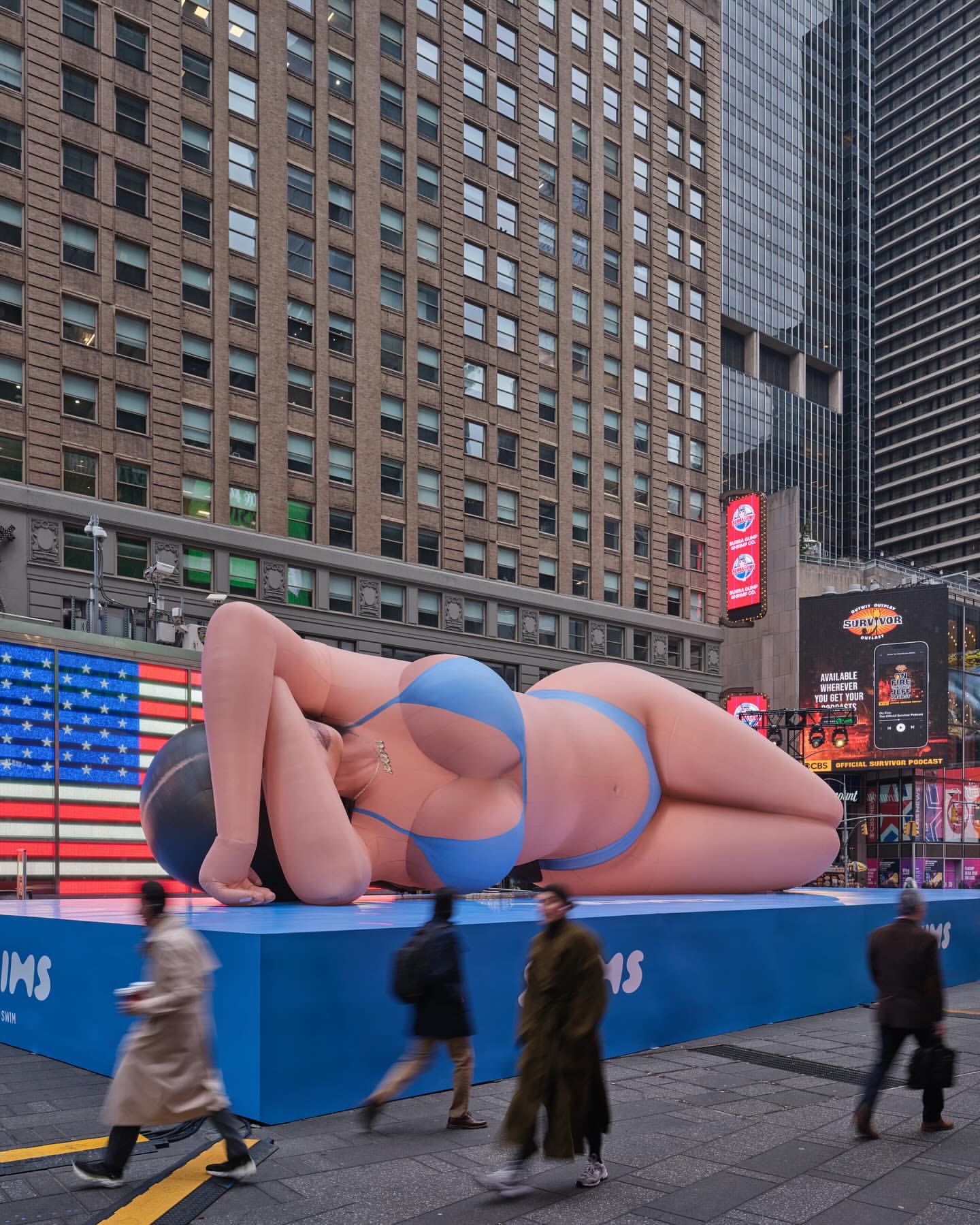 Kim Kardashian Promotes Skims Swim With A Blue Bikini Clad Blow Up Doll In Times Square