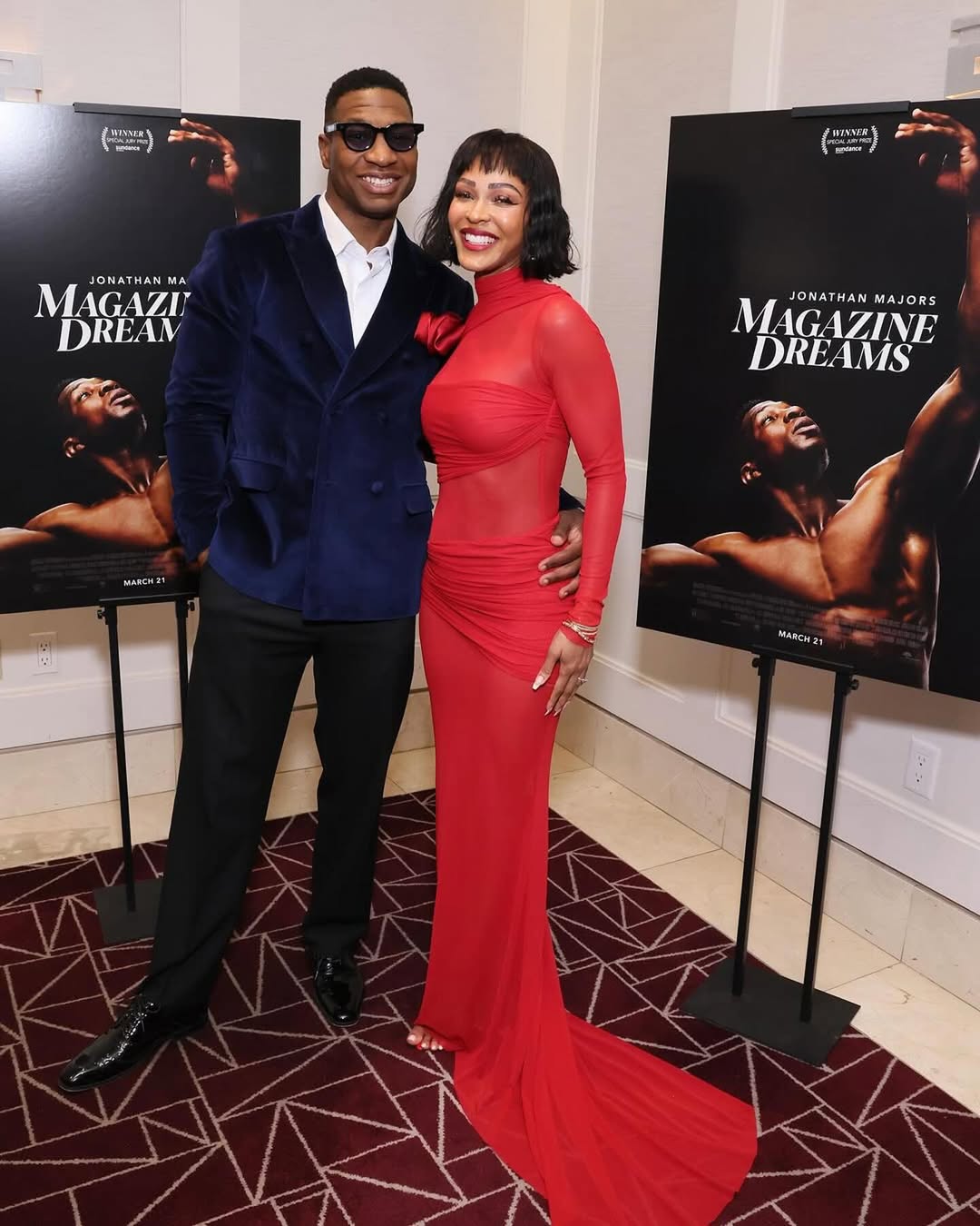 Meagan Good Posed With Her Husband Jonathan Majors In A Red Do Long Official Dress At The Magazine Dreams Screening 1