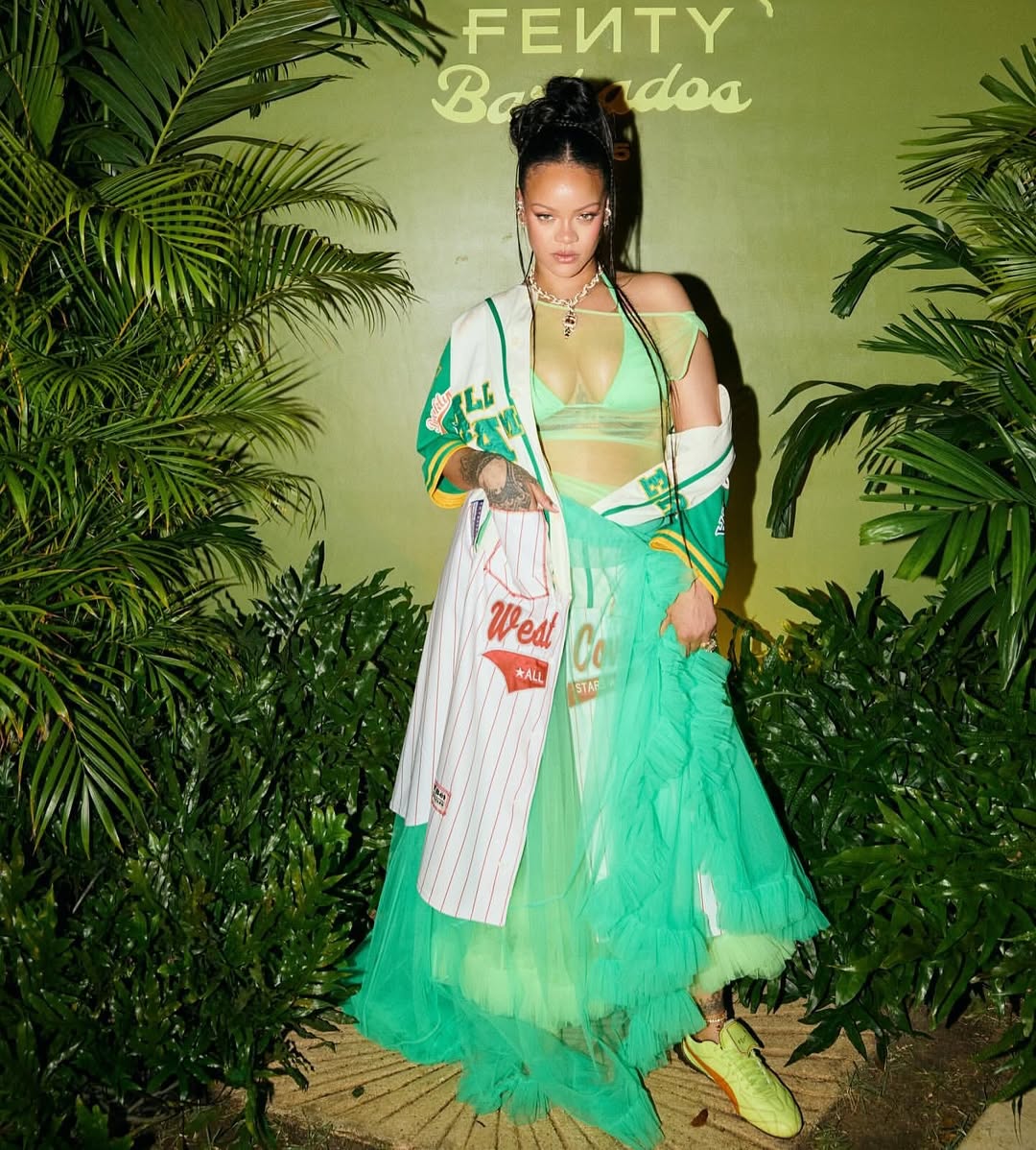 Rihanna Celebrated The Latest Fenty X Puma Collection In A White Pinstripe Jersey And A Seafoam Green Skirt 1