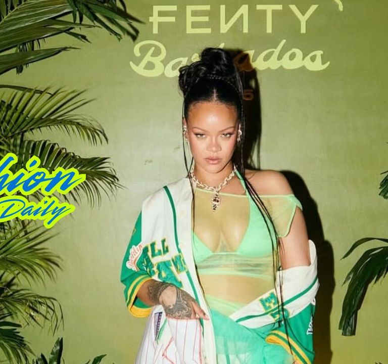 Rihanna Celebrated the Latest Fenty X Puma Collection in a White Pinstripe Jersey and a Seafoam Green Skirt