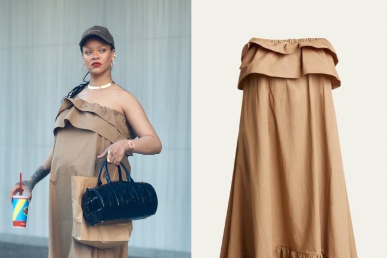 Rihanna Wears Brown Light YSL Cotton-Poplin Dress and Schiaparelli Bag for FatBurger Craving