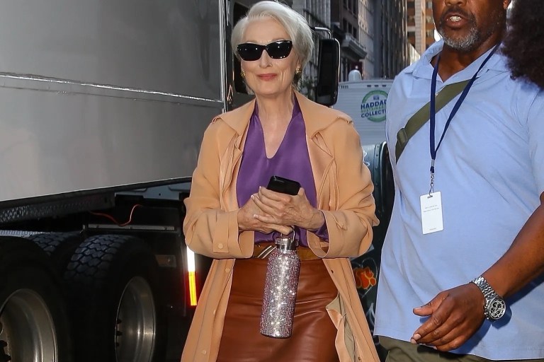 Meryl Streep as Miranda Priestly Wears Pink Lanvin Coat and Cognac Gabriela Hearst Leather Skirt on the Set of The Devil Wears Prada 2