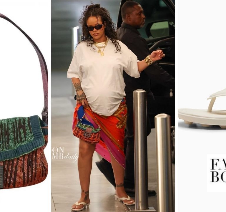 Rihanna Stepped out in Beverly Hills in a Multicolor Hermes Scarf Tied as a Skirt with FENTY x Puma Van Cleat Sandals and a $1,373 Rare Fendi Bag
