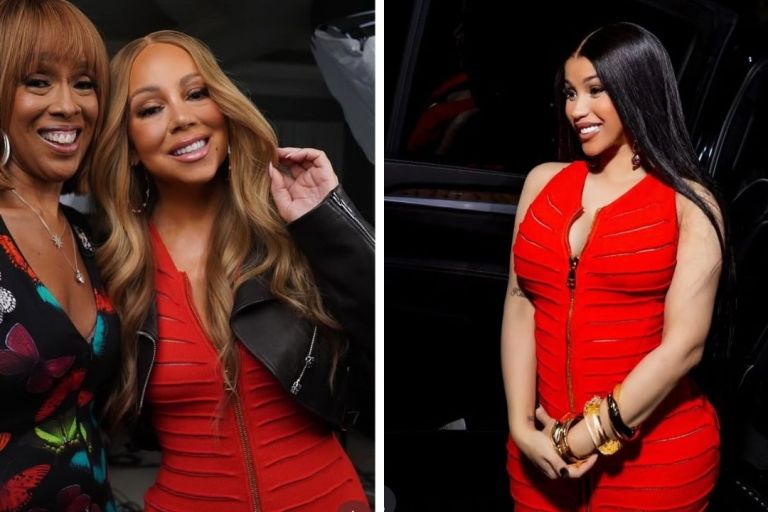 Celebs Love: Mariah Carey and Cardi B Both Spotted in Red $2,900 Balmain Knitted Maxi Dress