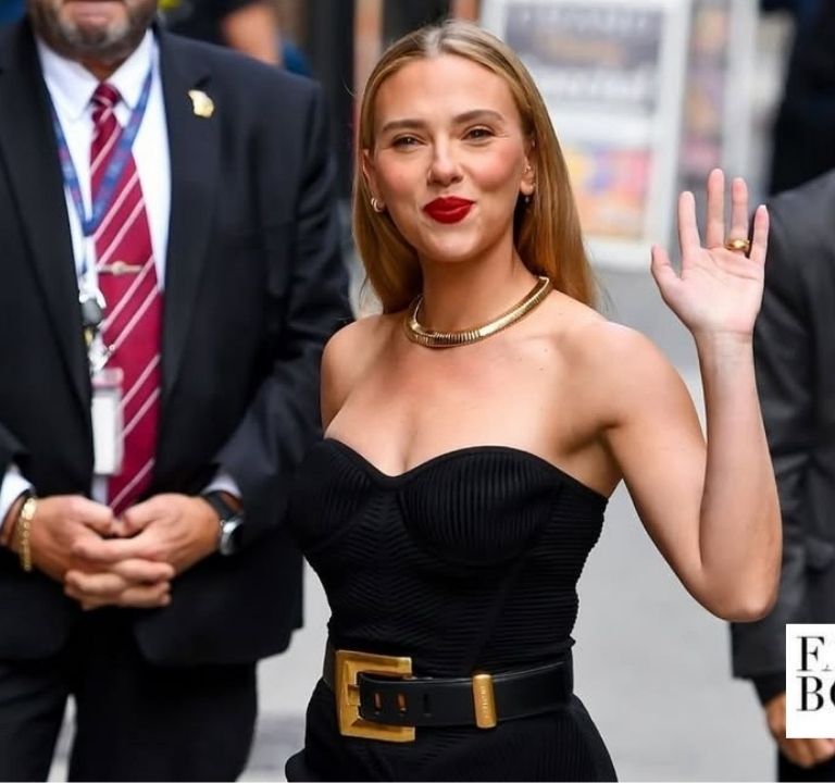 Scarlett Johansson Steps Out in a Black Balmain Strapless Dress in New York