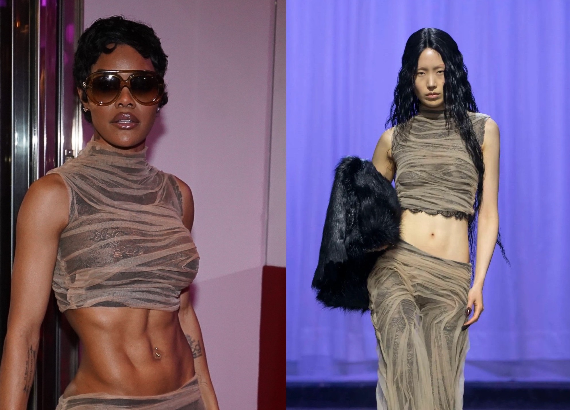 Teyana Taylor Wears a Sheer Two-Piece Look from Dipetsa Fall 2025 with Schiaparelli Clutch and Loewe Shades for Kim Kardashian’s Birthday in Paris
