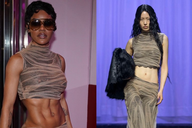 Teyana Taylor Wears a Sheer Two-Piece Look from Dipetsa Fall 2025 with Schiaparelli Clutch and Loewe Shades for Kim Kardashian’s Birthday in Paris