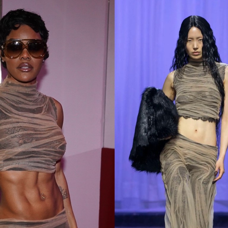 Teyana Taylor Wears a Sheer Two-Piece Look from Dipetsa Fall 2025 with Schiaparelli Clutch and Loewe Shades for Kim Kardashian’s Birthday in Paris