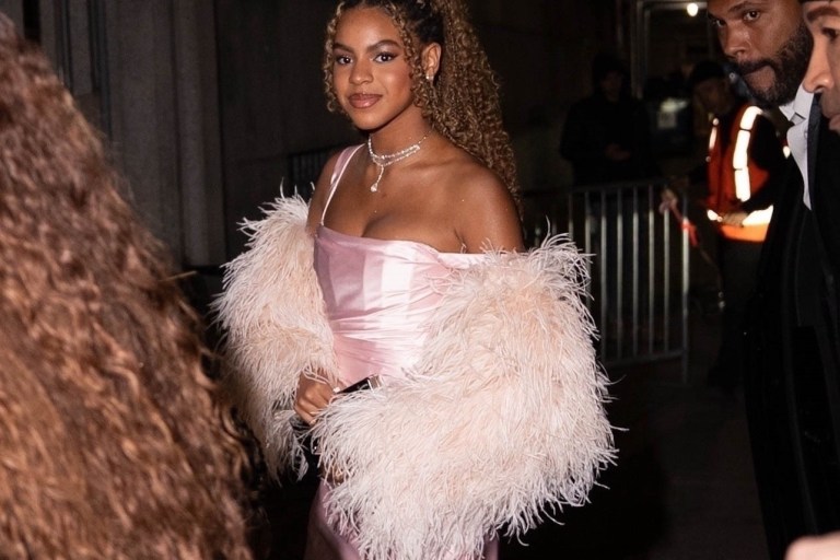 Blue Ivy Carter, 13, Shines in a Pink Babyboo Satin Gown and Feather Shawl at the Angel Ball