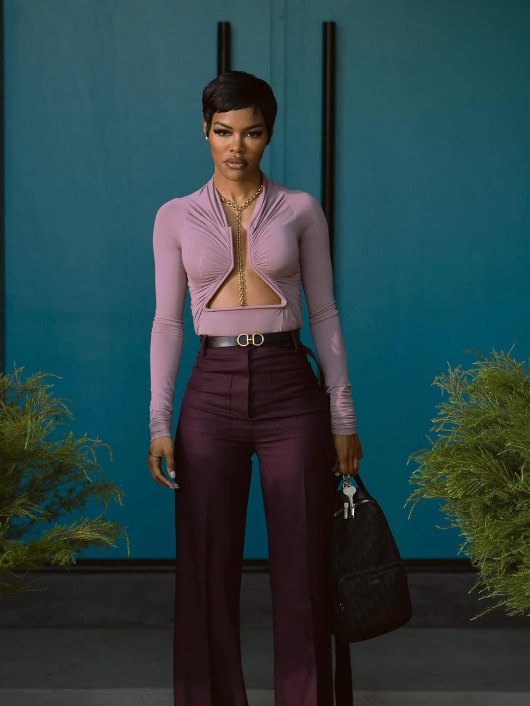Hulus Alls Fair Fashion : Teyana Taylor in a Blush Rick Owens Cut-Out Top and Plum Victoria Beckham Trousers