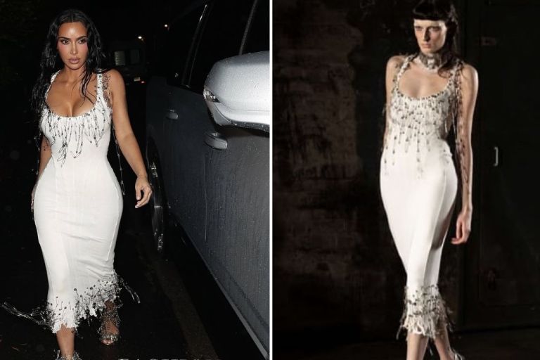 Kim Kardashian Wears White Dilara Findikoglu Gown With Safety-Pin Fringe to Petra Collins’ Plaza on La Brea Party