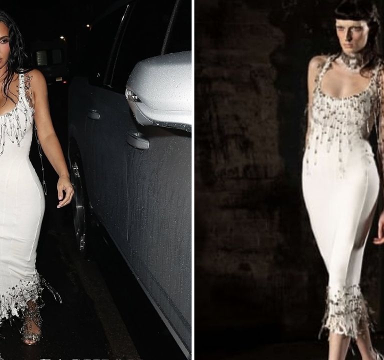 Kim Kardashian Wears White Dilara Findikoglu Gown With Safety-Pin Fringe to Petra Collins’ Plaza on La Brea Party