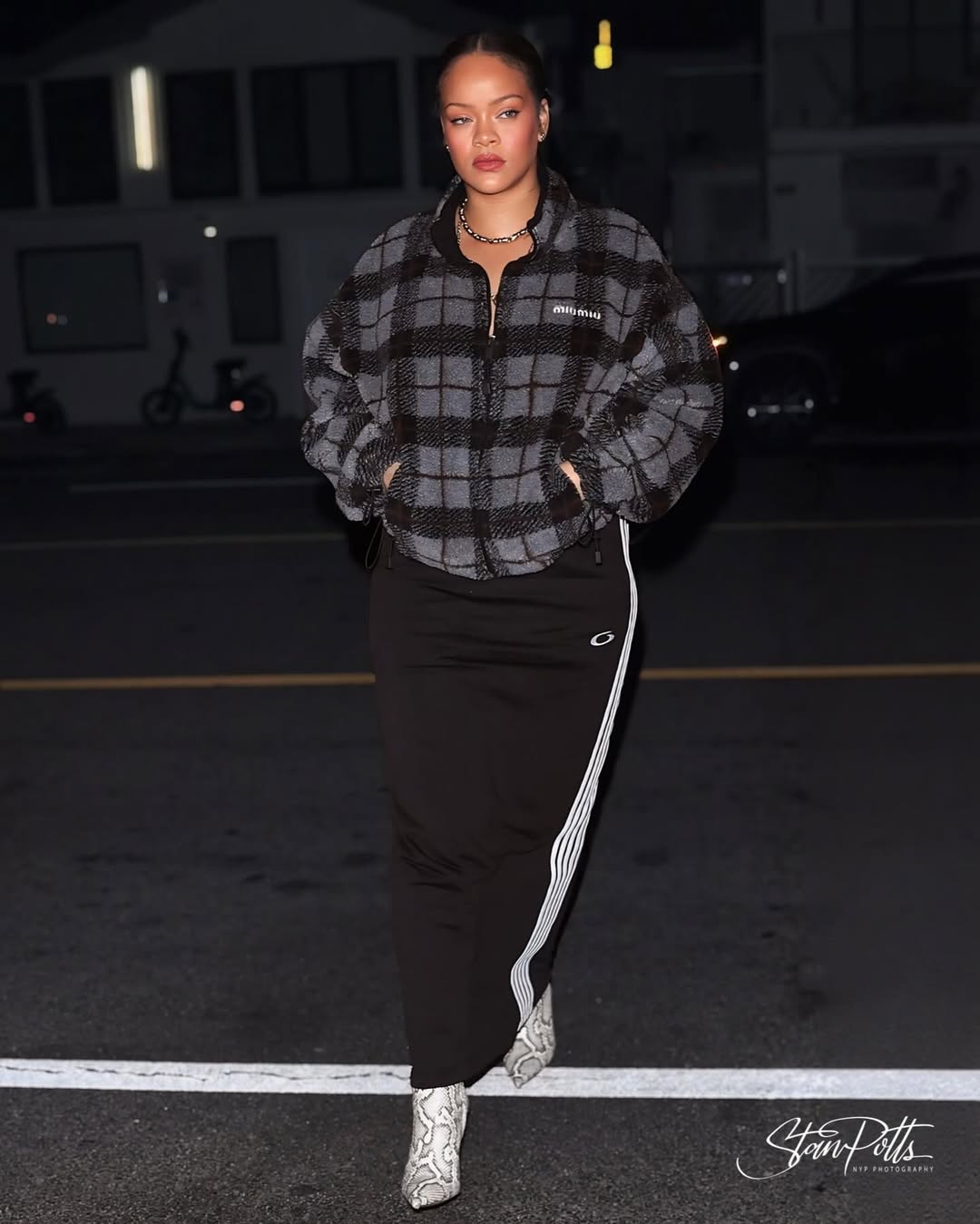 Rihanna Steps Out At Giorgio Baldi In A Checked Gray Miu Miu Jacket Balenciaga Skirt And Amina Muaddi Snake Boots
