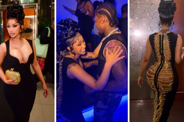 You ask,  we answer! Cardi B wore a Custom Candice Cuoco Dress with Rene Caovilla Sandals for Stefon Diggs Birthday