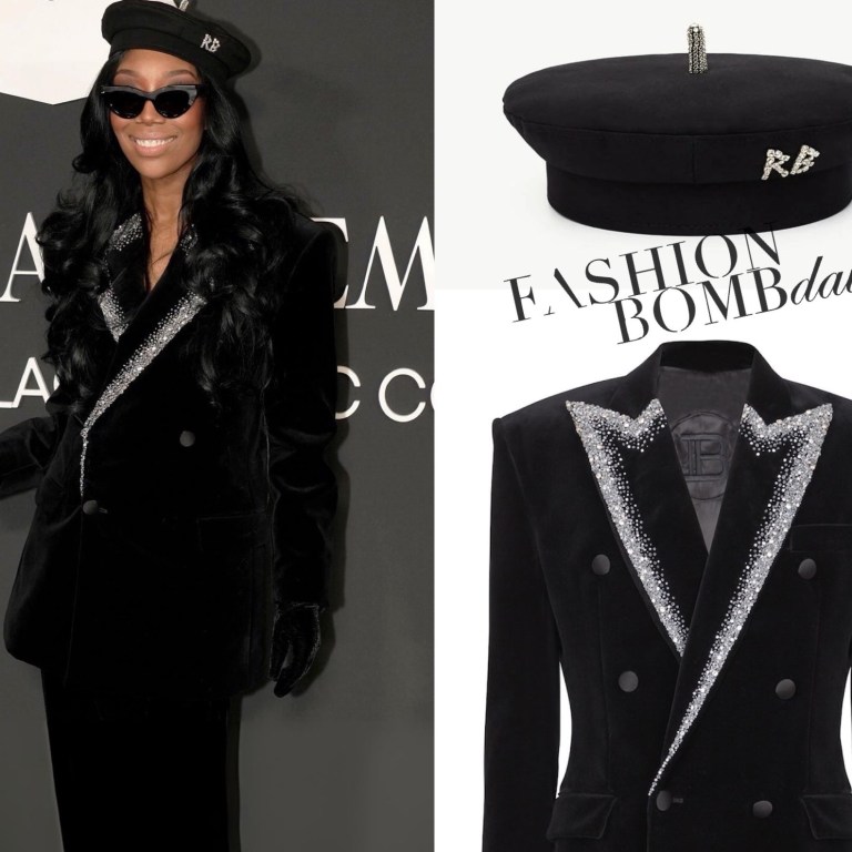 Brandy in a Black Velvet Crystal-Embellished Balmain Blazer and Beret at the Recording Academy Honors